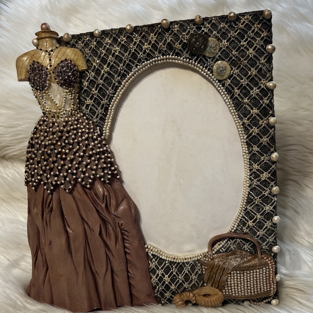 VTG 3D Victorian Style Resin 5"x7" Oval Picture Frame Dress Handbag Faux Pearls